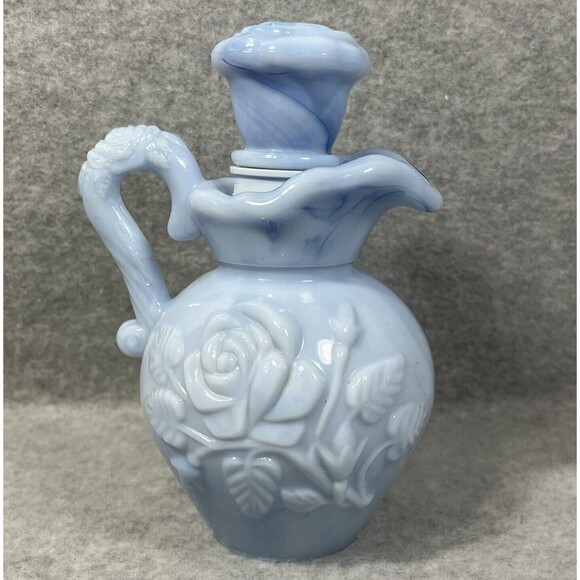 Vtg 1978 Avon Blue Swirl Milk Glass Pitcher 6.5"‎ Bubble Bath Bottle Victorian - Picture 2 of 13
